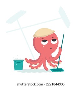 Illustration of a cartoon character, a red octopus in a hat is cleaning the floor with a mop near a bucket..