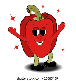 Illustration of cartoon character red pepper. Sweet pepper as celebrity with smile and stars