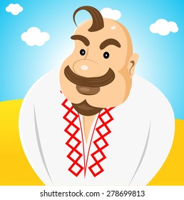 illustration of cartoon character of ukrainian with forelock on his head standing in the middle of the field and staring