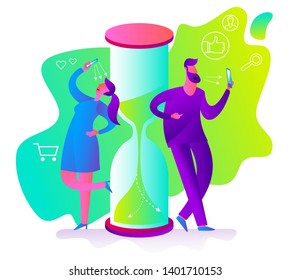 Illustration of cartoon character for web design, presentation, infographic, landing page: How much time men and women spend on the Internet