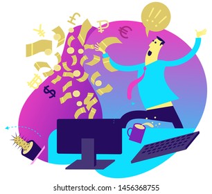 Illustration of a cartoon character for web design, presentation, infographic, landing: winnings or big profits on the Internet, networking