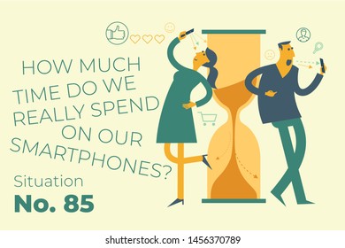 Illustration of cartoon character for web design, presentation, infographic, landing page: How much time men and women spend on the Internet.