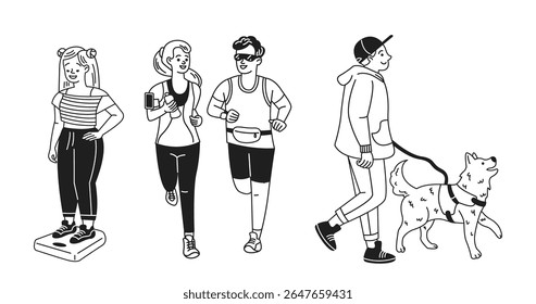 Illustration of cartoon characters doing outdoor activities. A girl stands on scales, two people are jogging, and a man walks his dog. The style is minimalist and monochrome.