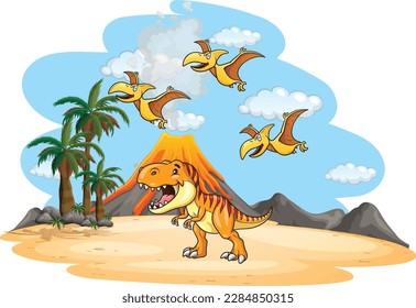 Illustration of cartoon characters featuring Trex and Pteranodon   dinosaurs