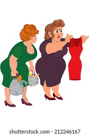 Illustration of cartoon characters isolated on white. Two fat cartoon women looking on small red dress. 