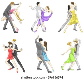 An illustration cartoon characters set of dancing couple sport for both man and woman in various action and dancer fashion clothing, create by vector  