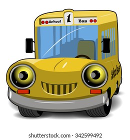 Illustration a cartoon cheerful yellow school bus