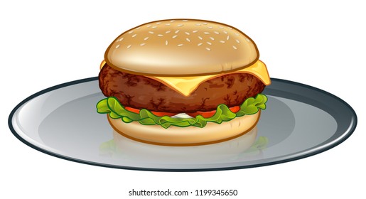 An illustration of a cartoon cheese burger or hamburger on a plate