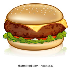 An illustration of a cartoon cheese burger or hamburger