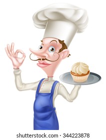 An illustration of a cartoon chef or baker doing a perfect or okay sign and holding a tray with a cake on it