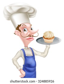 An illustration of a cartoon chef or baker holding a tray with a cupcake on it
