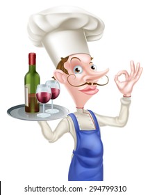 An illustration of a cartoon chef character holding a tray with a bottle of wine and two wine glasses and doing a perfect or okay sign
