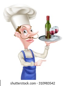 An illustration of a cartoon chef character holding a tray with a bottle of wine and two wine glasses and pointing