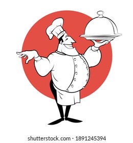 Illustration of cartoon Chef with dish. Sketch illustration.