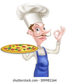An illustration of a cartoon chef doing a perfect or okay sign and holding a tray with a pizza on it