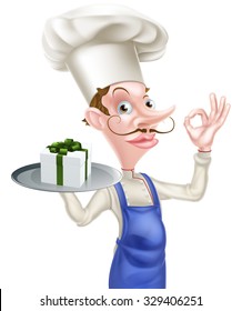 An illustration of a cartoon chef doing a perfect or okay sign and holding a tray with a gift on it