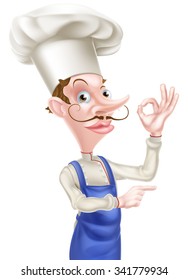 An illustration of a cartoon chef doing a perfect or okay sign and pointing