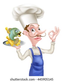 An Illustration of a Cartoon Chef With Fish and Chips