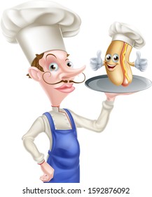 An Illustration of a Cartoon Chef Holding Hot Dog on Tray