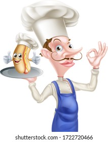 An Illustration of a Cartoon Chef Holding Hot Dog