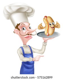 An Illustration of a Cartoon Chef Holding Hot Dog Pointing