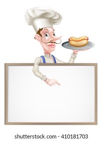 An Illustration of a Cartoon Chef Holding Hotdog Pointing at Sign