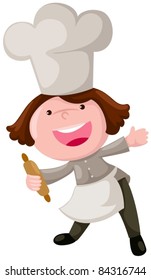 illustration of cartoon chef holding rolling pin on white