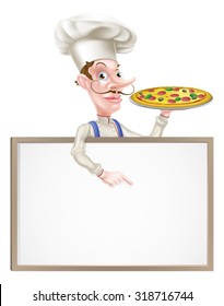 An illustration of a cartoon chef holding a tray with a pizza on it  and pointing at a signboard