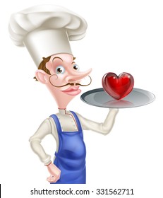An illustration of a cartoon chef holding a tray with a heart shaped icon on it