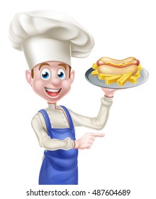 An Illustration of a Cartoon Chef With Hot Dog Pointing