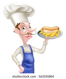 An Illustration of a Cartoon Chef With Hot Dog and Chips