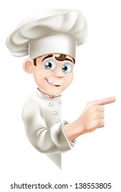 Illustration of a cartoon chef mascot pointing at your message or banner
