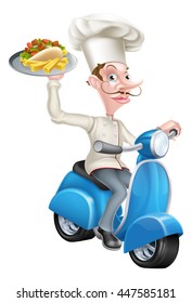 An Illustration of a Cartoon Chef on Scooter Moped Holding Kebab