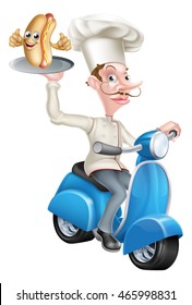 An Illustration of a Cartoon Chef on Scooter Moped Delivering Hotdog