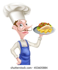 An Illustration of a Cartoon Chef With Pita Kebab and Chips