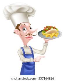 An Illustration of a Cartoon Chef With Pita Kebab and Fries