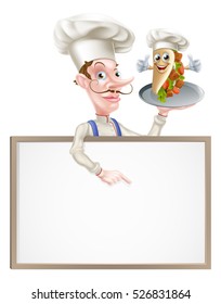 An Illustration of a Cartoon Chef Pointing at Kebab Sign