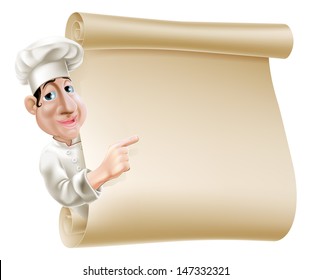 Illustration of a cartoon chef pointing at a scroll or banner perhaps a menu
