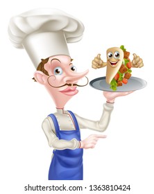 An Illustration of a Cartoon Chef Poiting with Kebab