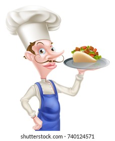 An Illustration of a Cartoon Chef With Souvlaki Kebab