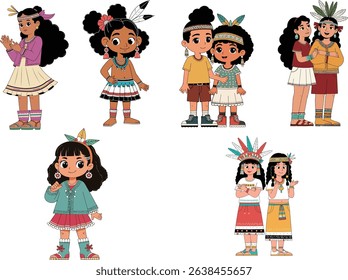 Illustration of cartoon children dressed in Native American clothing and accessories, showcasing various traditional styles and designs.

