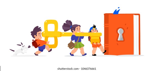 Illustration of cartoon children. Vector flat illustration. Children open a book, knowledge. Library. The key to new knowledge. Image is isolated on white background. Characters for the book.