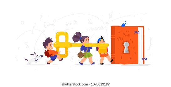 Illustration of cartoon children. Vector flat illustration. Children open a book, knowledge. Children's Library. The key to new knowledge. Image is isolated on white background. 