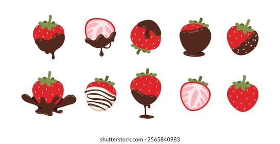 Illustration cartoon of chocolate covered strawberry. Chocolate dipped strawberry fruit. Illustrations that are cute and sweet and delicious. Idea for icons, labels, or digital decoration.