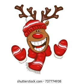 Illustration with cartoon Christmas deer. It's dressed a knitted cap and mittens with an ornament.Vector for you design.