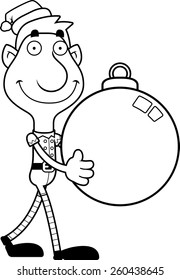 An illustration of a cartoon Christmas elf carrying a Christmas ornament.