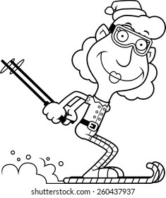 An illustration of a cartoon Christmas elf grandma skiing on candy canes.