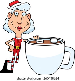 An illustration of a cartoon Christmas elf grandma with a mug of hot chocolate.