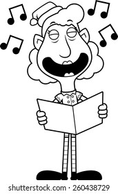An illustration of a cartoon Christmas elf grandma singing carols.