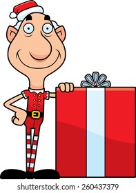 An illustration of a cartoon Christmas elf grandpa with a large gift.
